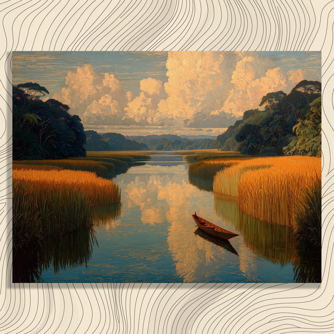 Canoe Lake Reflection Canvas Wall Art Traditional Rustic Landscape Print River Forest Gift For House Cabin Decor