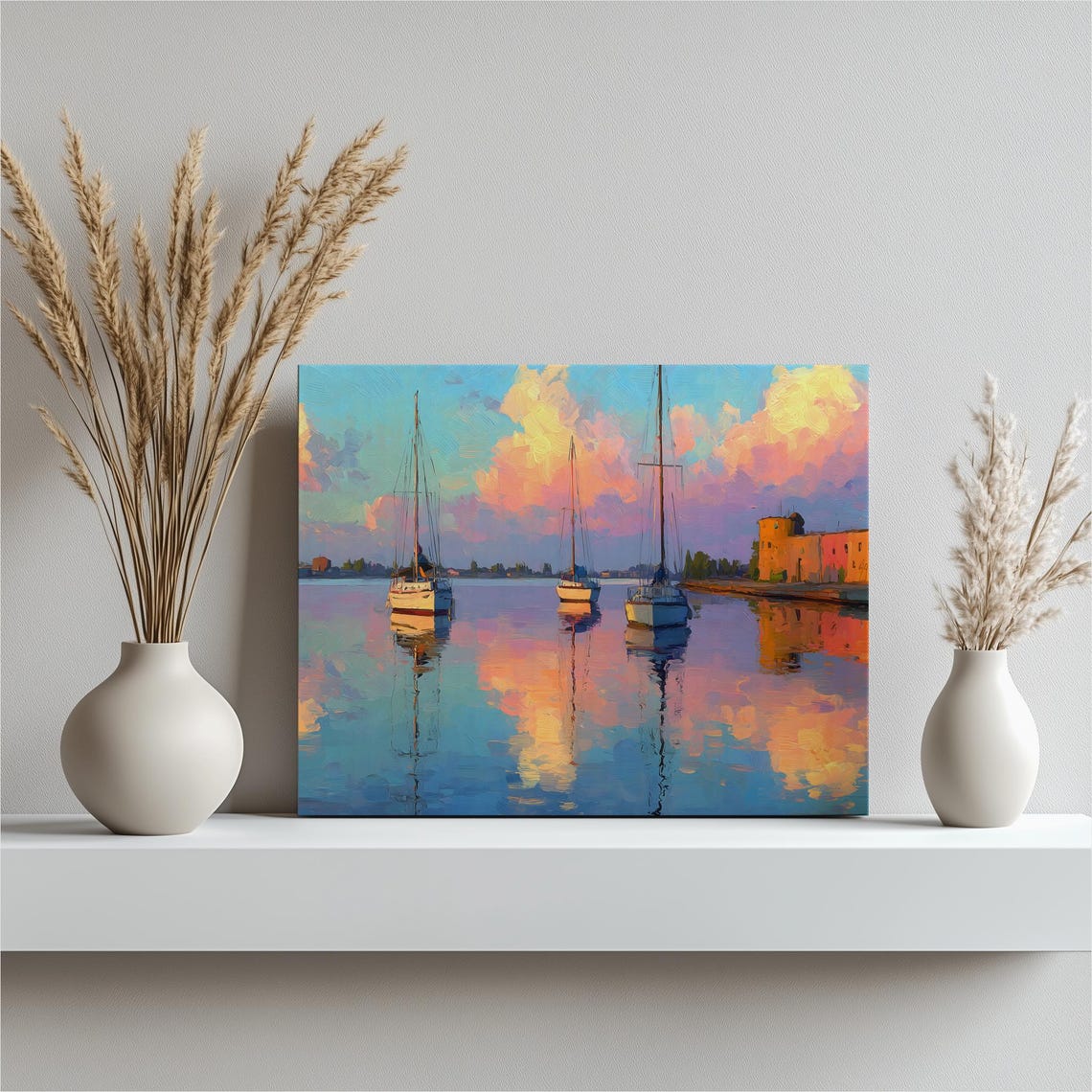 Sailboats Harbor Sunset Coastal Calm Water Reflections Painting Poster