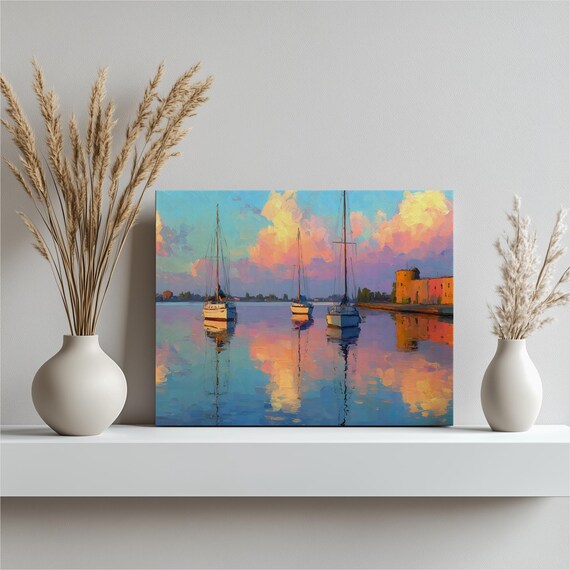 Sailboats Harbor Sunset Coastal Calm Water Reflections Painting Poster