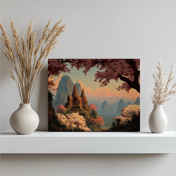 Cambodia Canvas Wall Art Tranquil Temple Ancient Khmer Landscape Print Cherry Blossom Mountain Decor Museum Quality Serene Scenery