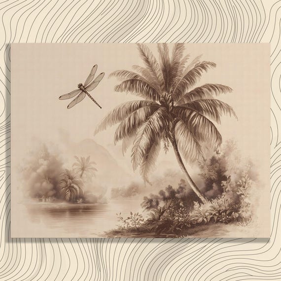Vintage Palm Tree Canvas Wall Art Sepia Tropical Island Landscape Dragonfly Water Reflection Coastal Decor Botanical Print