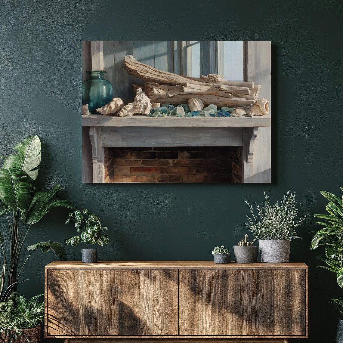 Driftwood Seashell Mantel Coastal Still Life Painting Poster