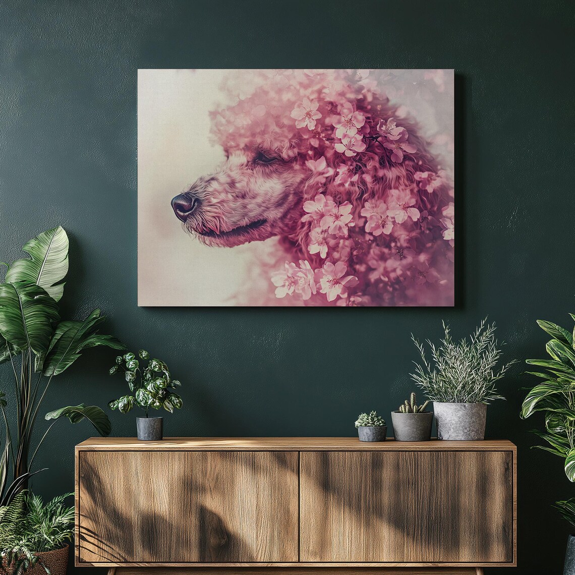 Poodle Cherry Blossom Portrait Floral Dog Watercolor Style Poster