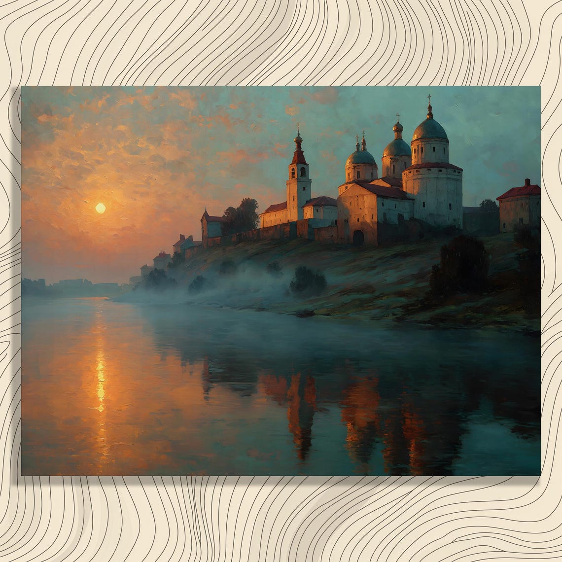Russian Onion Dome Monastery River Sunset Golden Hour Wall Art