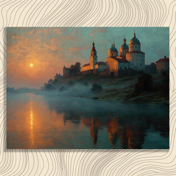 Russian Monastery Canvas Wall Art Sunset River Landscape Painting Medieval Print Vivid Sky Reflection Serene Water Church Decor