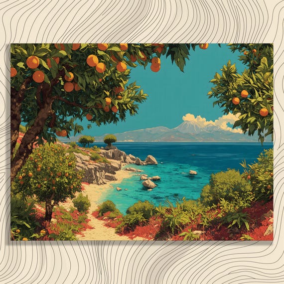 Tropical Coastal Canvas Wall Art Orange Grove Painting Turquoise Sea Print Mediterranean Coastline Citrus Orchard Decor Beach Gift