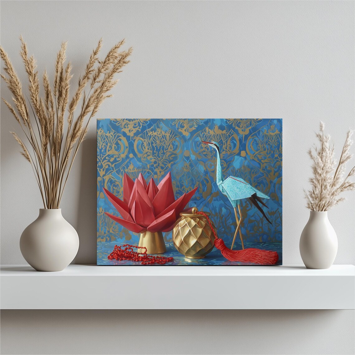 Origami Crane and Lotus Still Life Blue Gold Elegant Art Poster