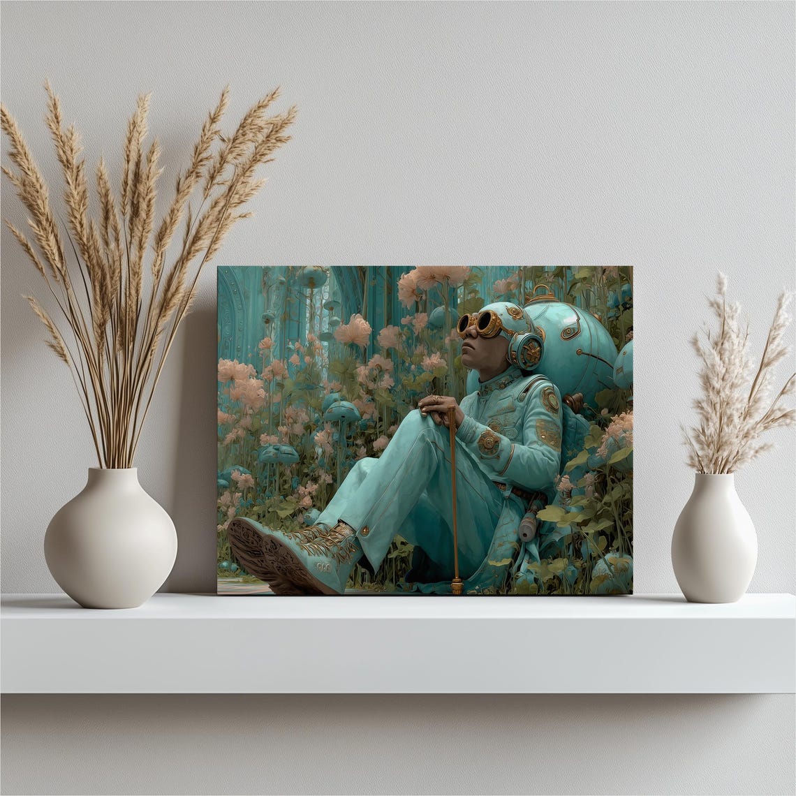 Solarpunk Astronaut Garden Futuristic Botanist Teal Suit Surreal Art Poster
