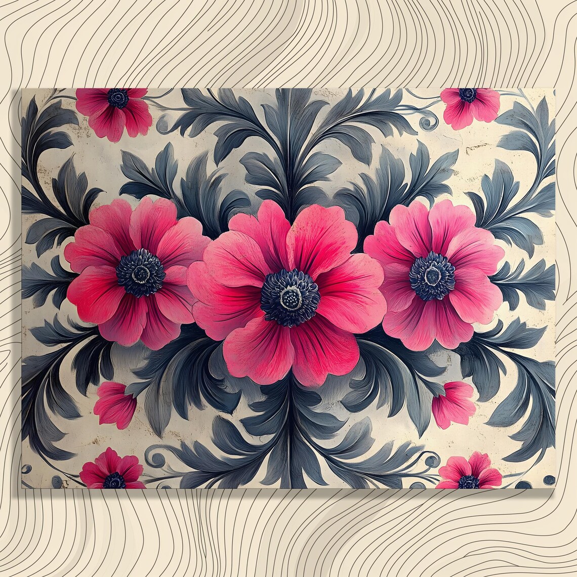 Vibrant Pink Anemone Flowers Dark Foliage Vintage Bohemian Wall Art