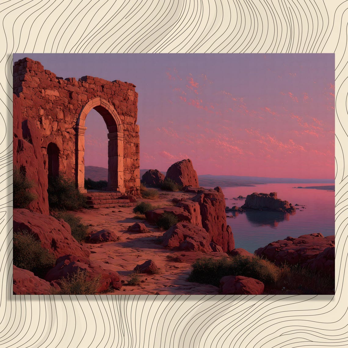Ancient Stone Arch Ruins At A Blushing Coastal Sunset Poster