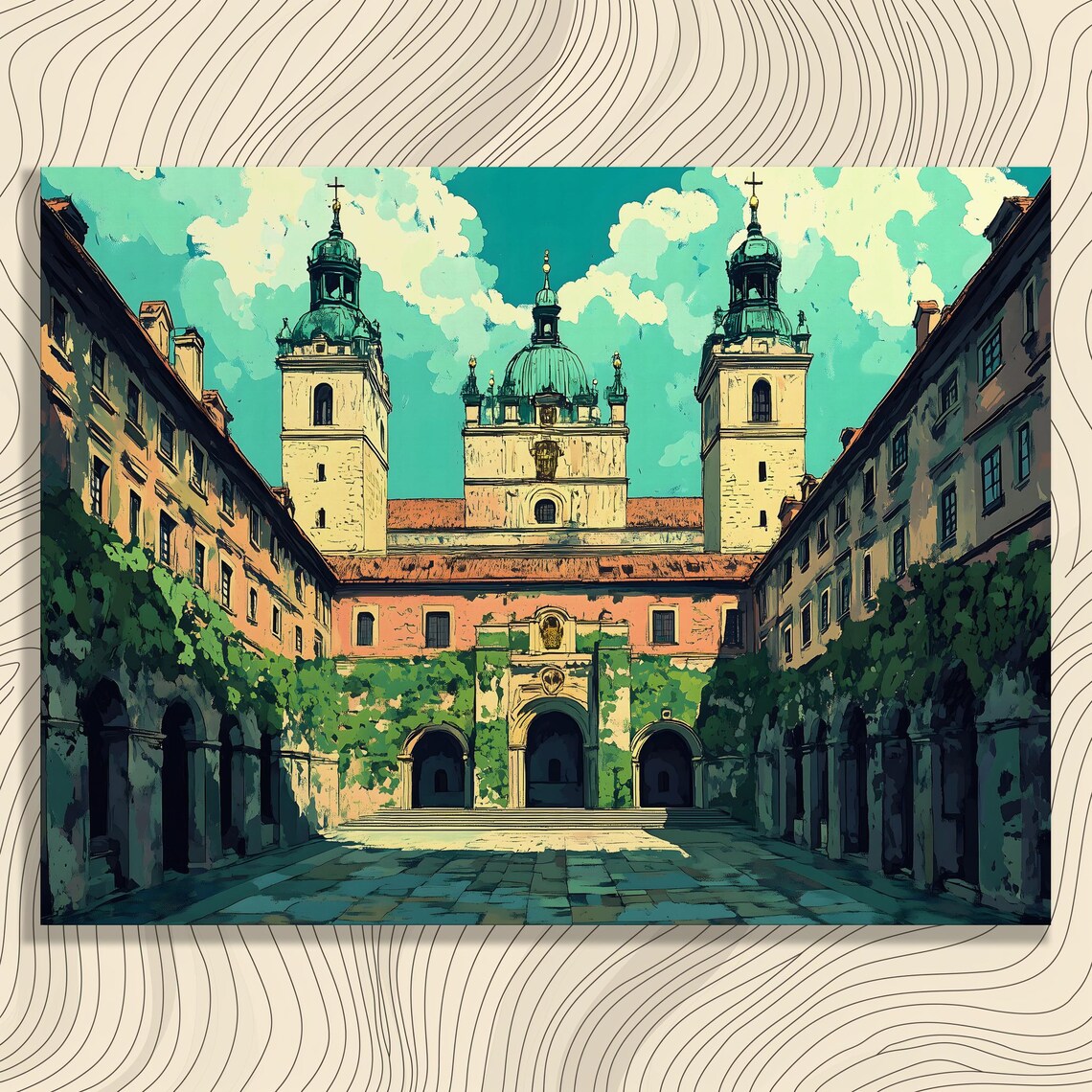 Historic European Courtyard With Cathedral Travel Illustration Poster
