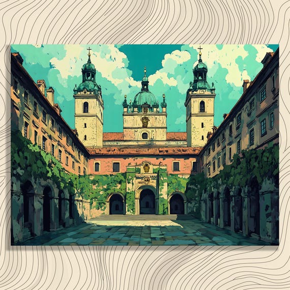 Historic Courtyard Canvas Wall Art Classic Victorian Landscape Architecture Print Decor Painting Gift Heritage Scenery Greenery Towers