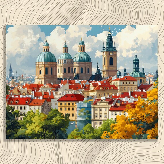 Vibrant Cityscape Canvas Wall Art Vintage Prague Architecture Landscape Decor Print In Impressionist Style Featuring Domes Spires Trees