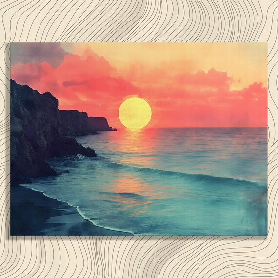 Coastal Sunset Ocean Waves Pink Sky Seascape Landscape Wall Poster