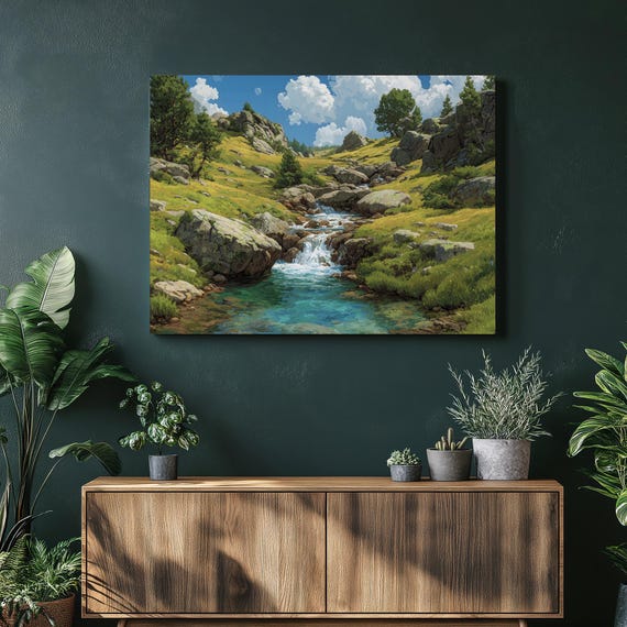 Mountain Stream Landscape Canvas Wall Art Vibrant Rocky Meadow River Painting Print Nature Decor Pine Trees Blue Sky Turquoise Water Gift