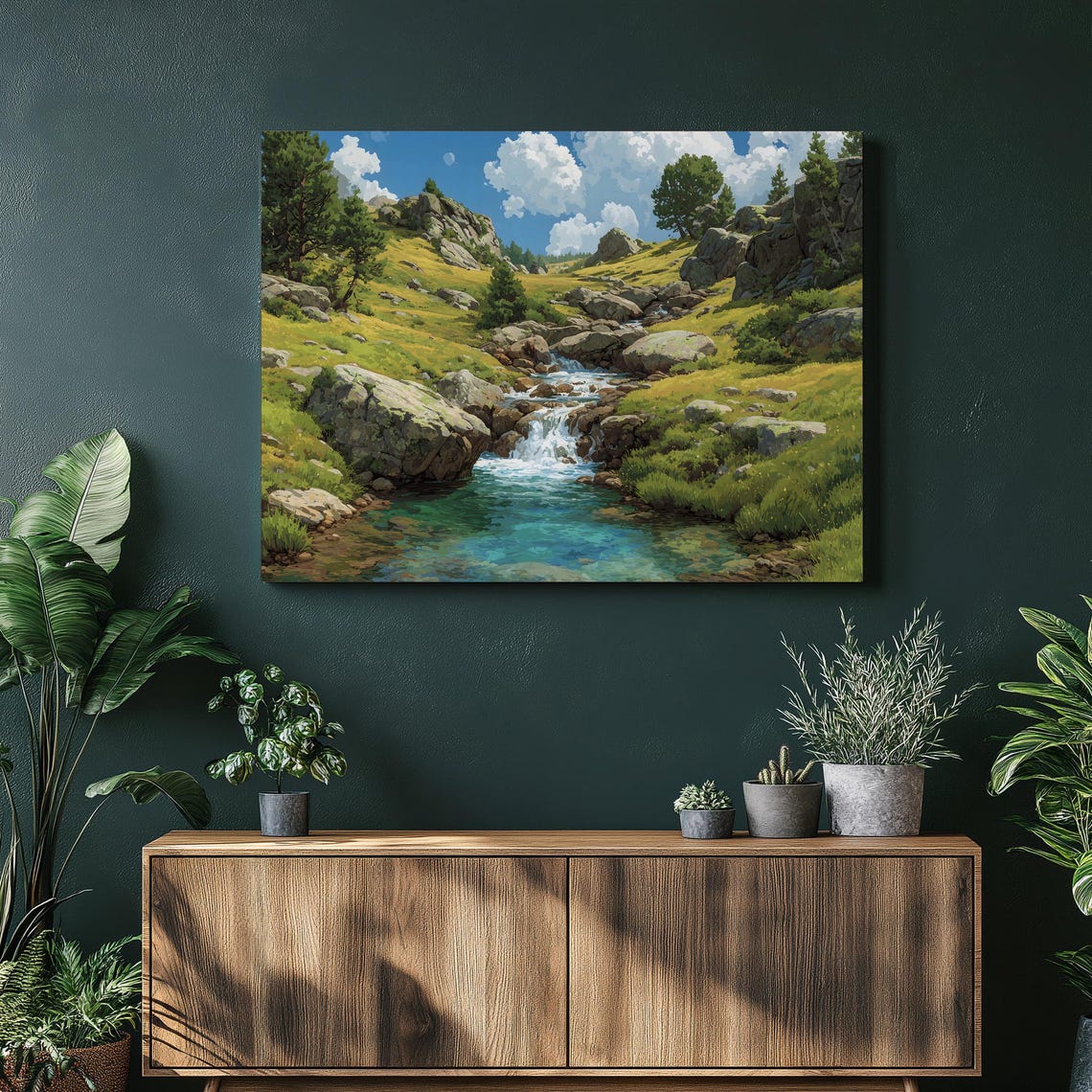 Mountain Stream Waterfall Meadow Landscape Painting Nature Poster