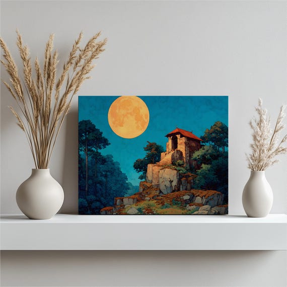 Full Moon Forest Canvas Wall Art Rustic Stone Cabin Cliffside Blue Night Sky Print Painting Nature Decor Gift