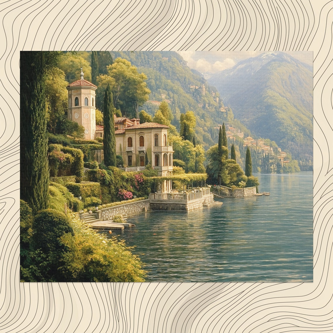 Italy Lake Como Villa Cypress Mountains Serene Waters Painting Poster