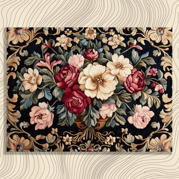 Rich Vintage Floral Canvas Wall Art Victorian Rose Bouquet Garden Embroidery Pattern Home Decor Baroque Botanical Tapestry Style