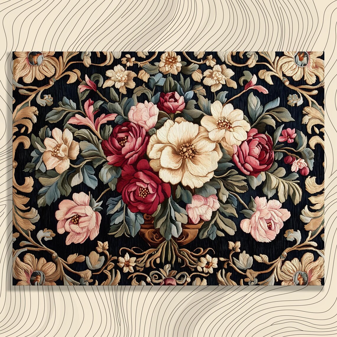 Vintage Floral Bouquet Tapestry Style Dark Botanical Rose Art Poster