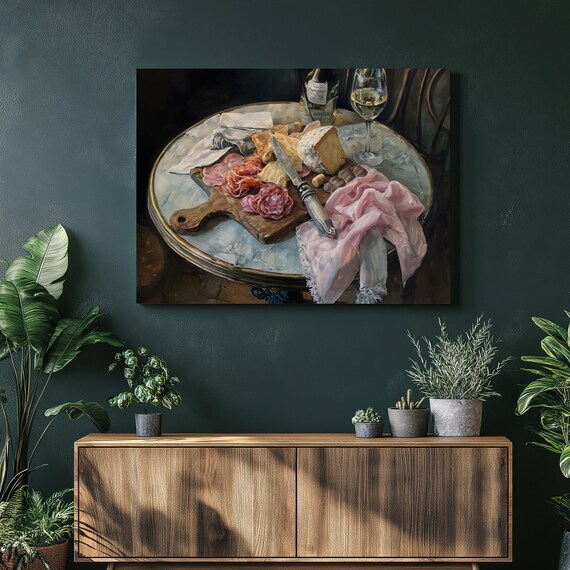 Charcuterie Board Still Life Poster Cheese Wine And Rustic Table Scene