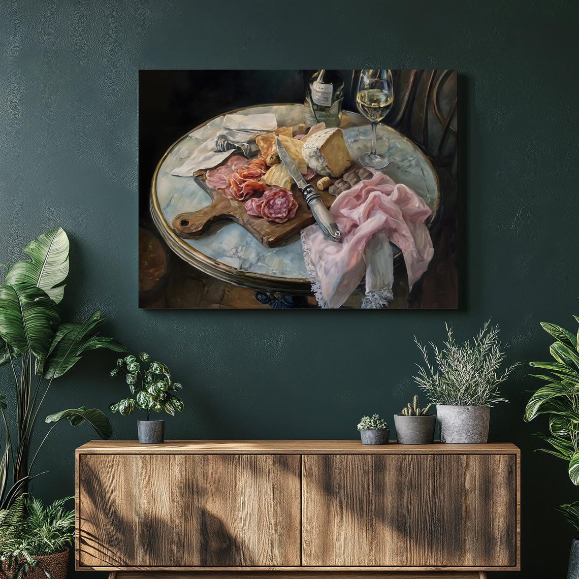 Charcuterie Board Still Life Poster Cheese Wine And Rustic Table Scene