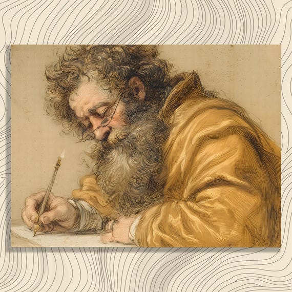 Vintage Quill Writer Canvas Wall Art Sepia Old Man Portrait Print Antique Illustration Decor Bearded Scholar Calligraphy Painting