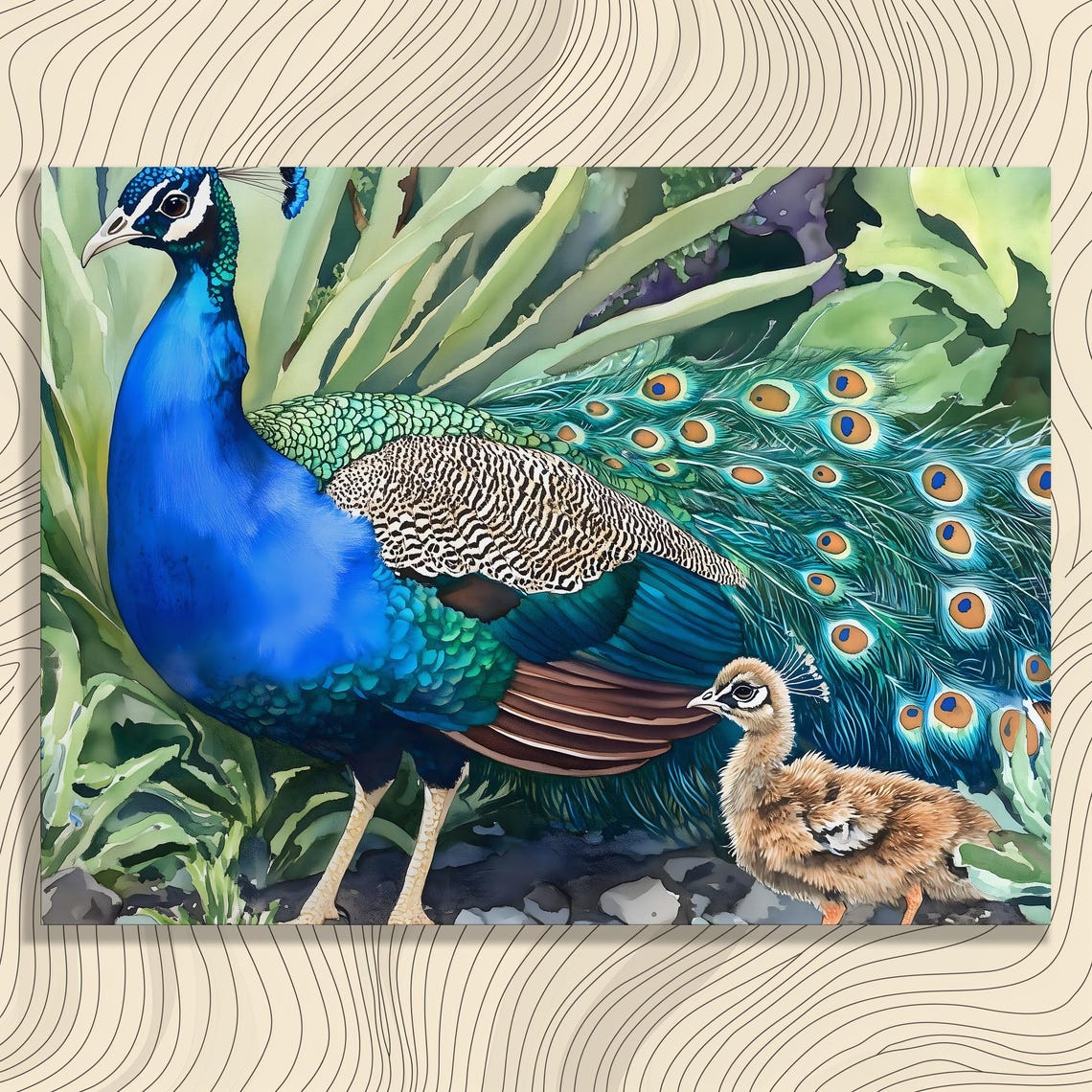 Peacock With Peachick Vibrant Watercolor Garden Bird Art Poster