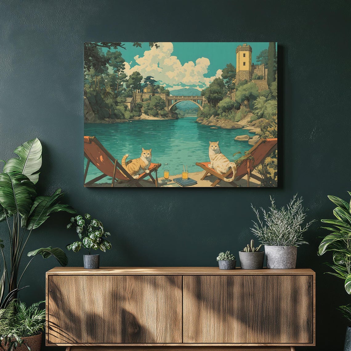Two Cats Relaxing River Cove Beach Chairs Tower Bridge Art Poster