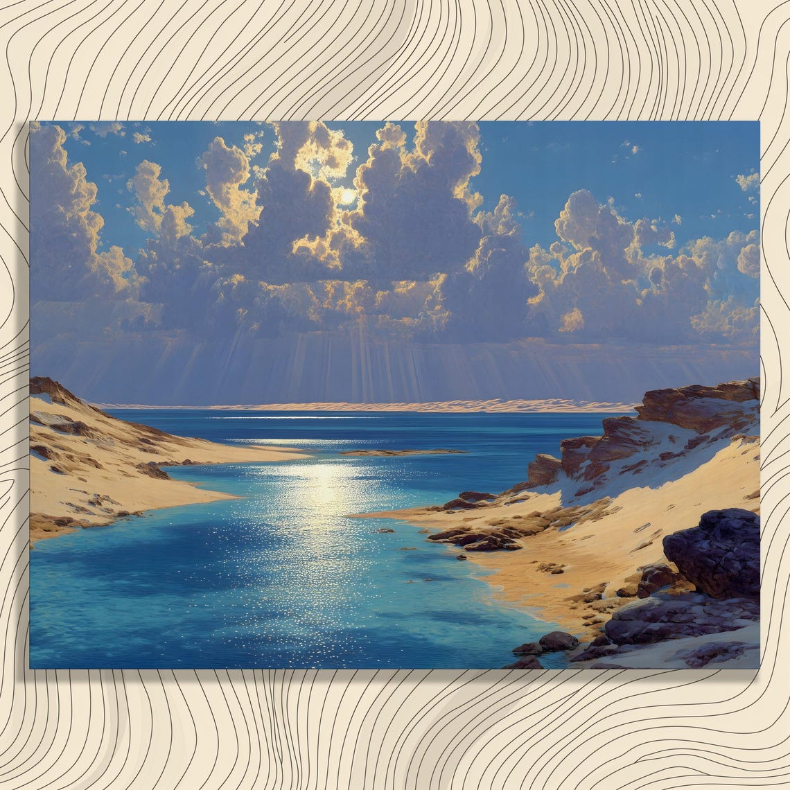 Sunlit Turquoise Seascape Sunbeams Over Sandy Coastal Dunes Poster