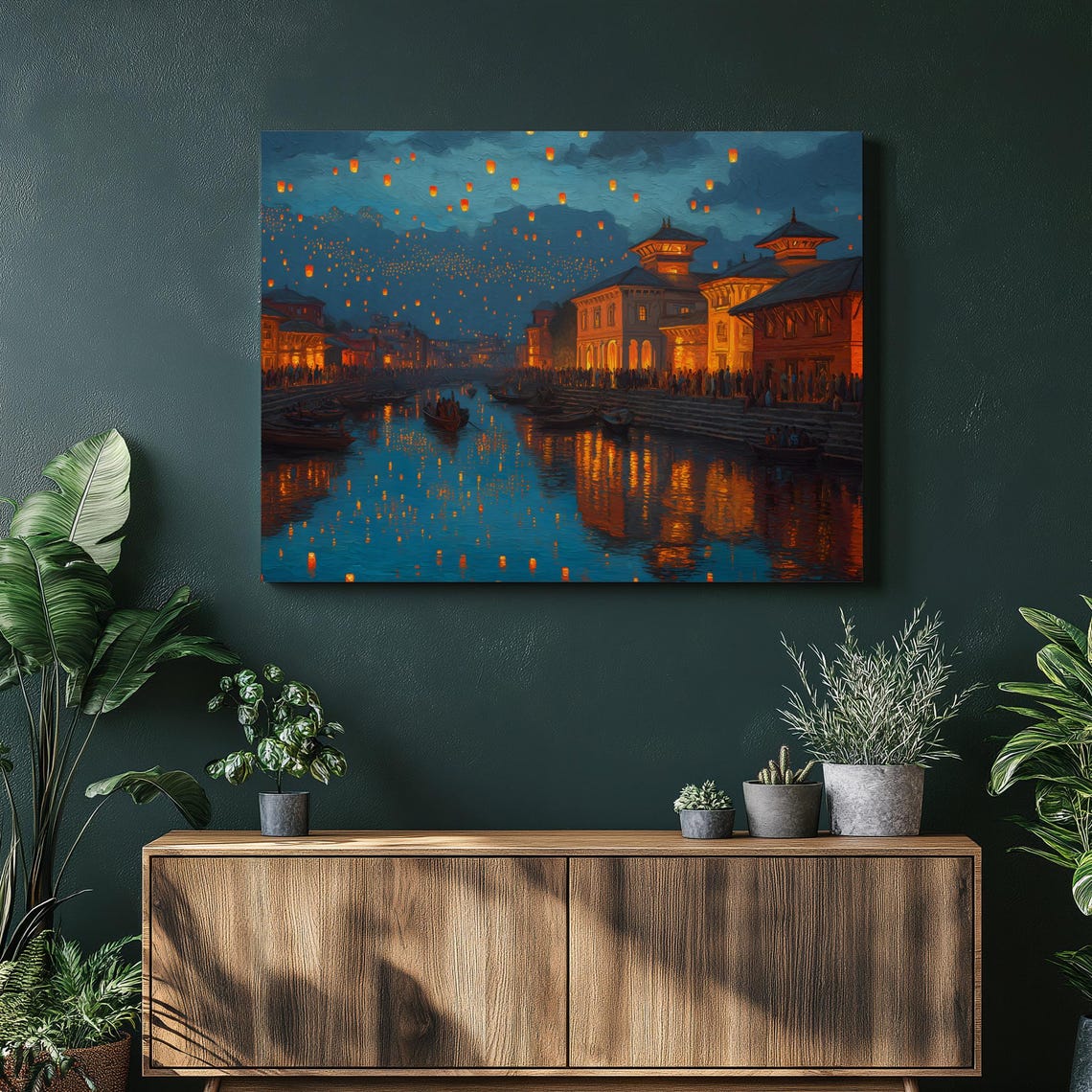 Nepal Night Lantern Festival River Temples Magical Scene Poster