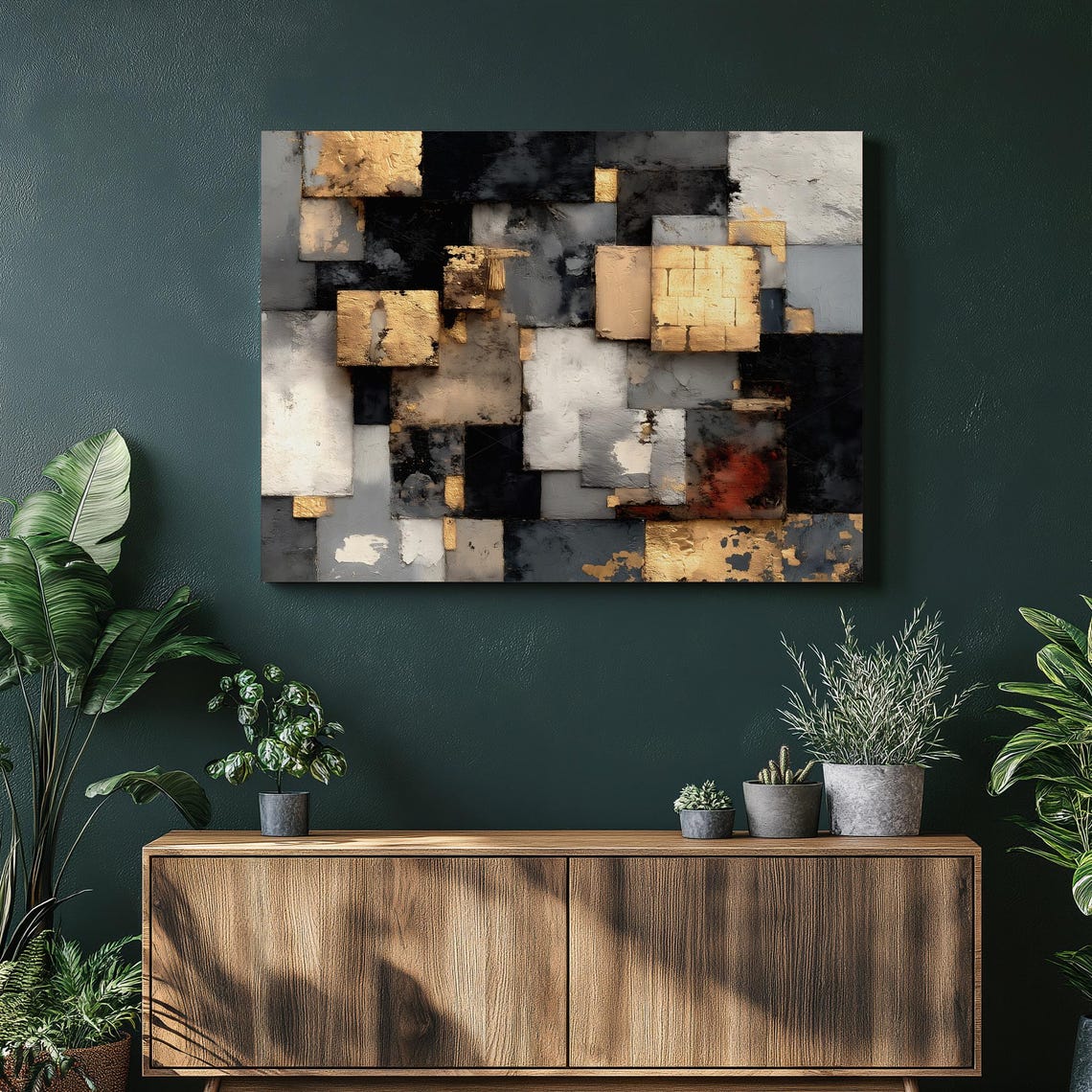 Abstract Geometric Rectangles Gold Black Gray Textured Modern Print