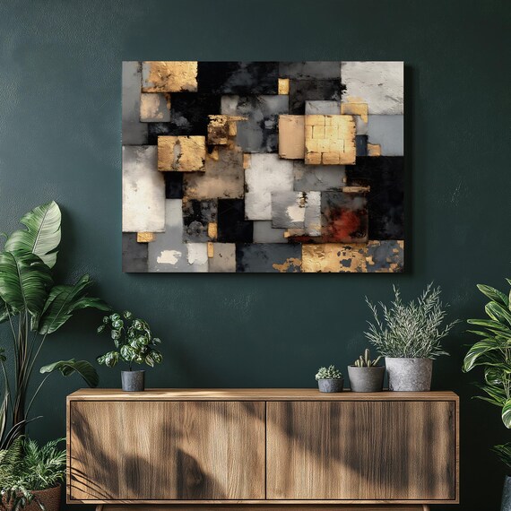 Abstract Geometric Canvas Wall Art Textured Gold Black Gray Rectangles Modern Color Blocking Metallic Painting Neutral Decor