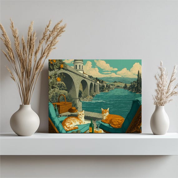 Orange Tabby Cats Canvas Wall Art Mediterranean Stone Bridge River Picnic Scene Citrus Trees Modern Illustration Landscape Animal Decor