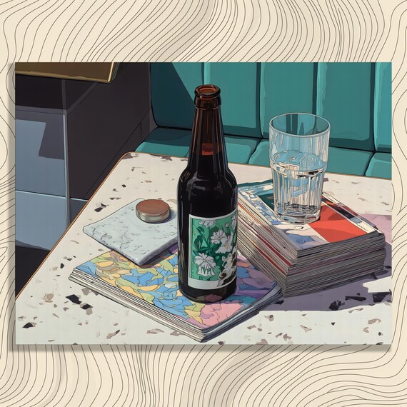 Mid Century Still Life Beer Bottle Glass Magazine Table Art Print