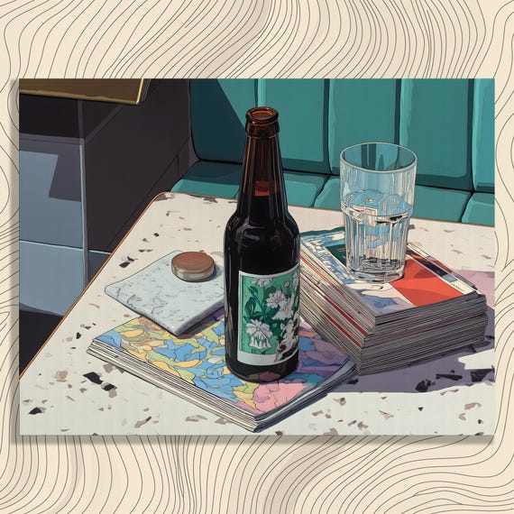 Modern Bottled Beer Canvas Wall Art Mid Century Still Life Terrazzo Surface Marble Drink Coaster Tabletop Contemporary Kitchen Decor Print