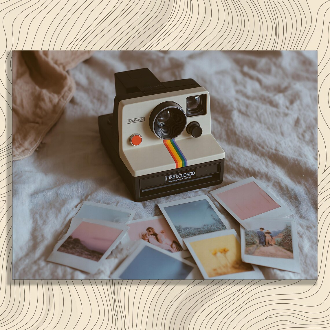Vintage Polaroid Instant Camera With Scattered Instant Photos Poster