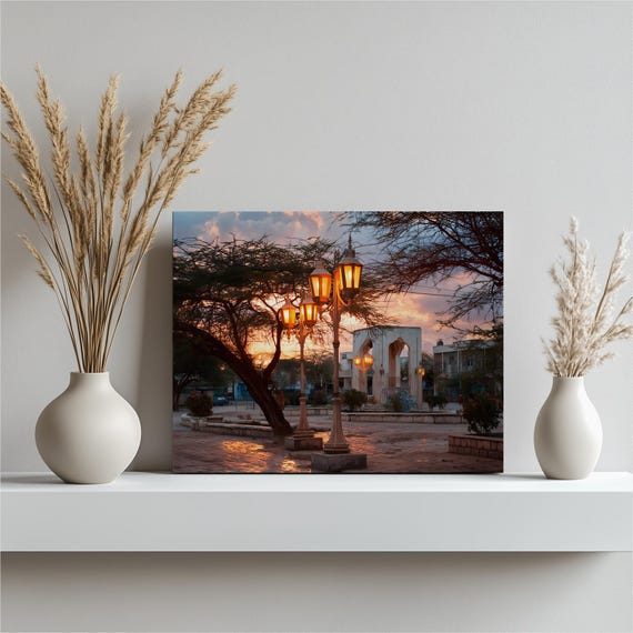 Morocco Canvas Wall Art Sunset Lamps Vintage Street Architectural Arched Gateway Dusk Sky Decor Print Scenic Travel Photography
