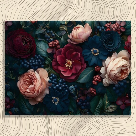 Moody Dark Floral Burgundy Peonies Blue Anemones Botanical Poster
