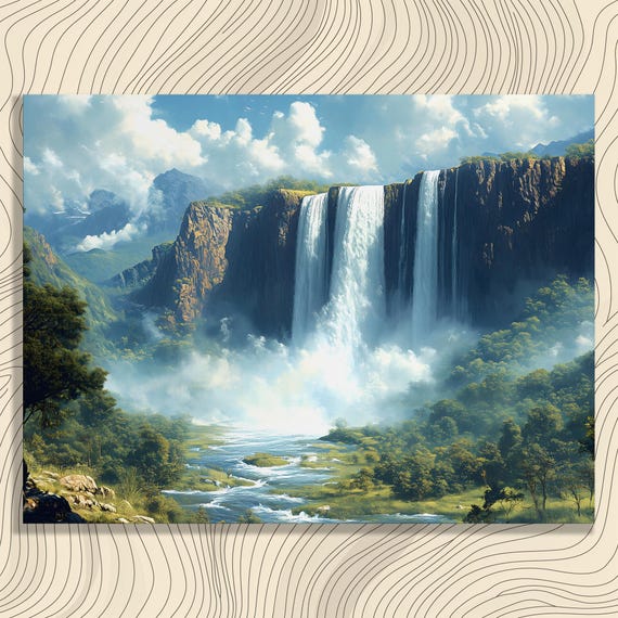 Majestic Waterfall Landscape Canvas Wall Art Panoramic Cliff Falls Nature Scenery With Misty River Valley Lush Greenery Blue Sky Clouds