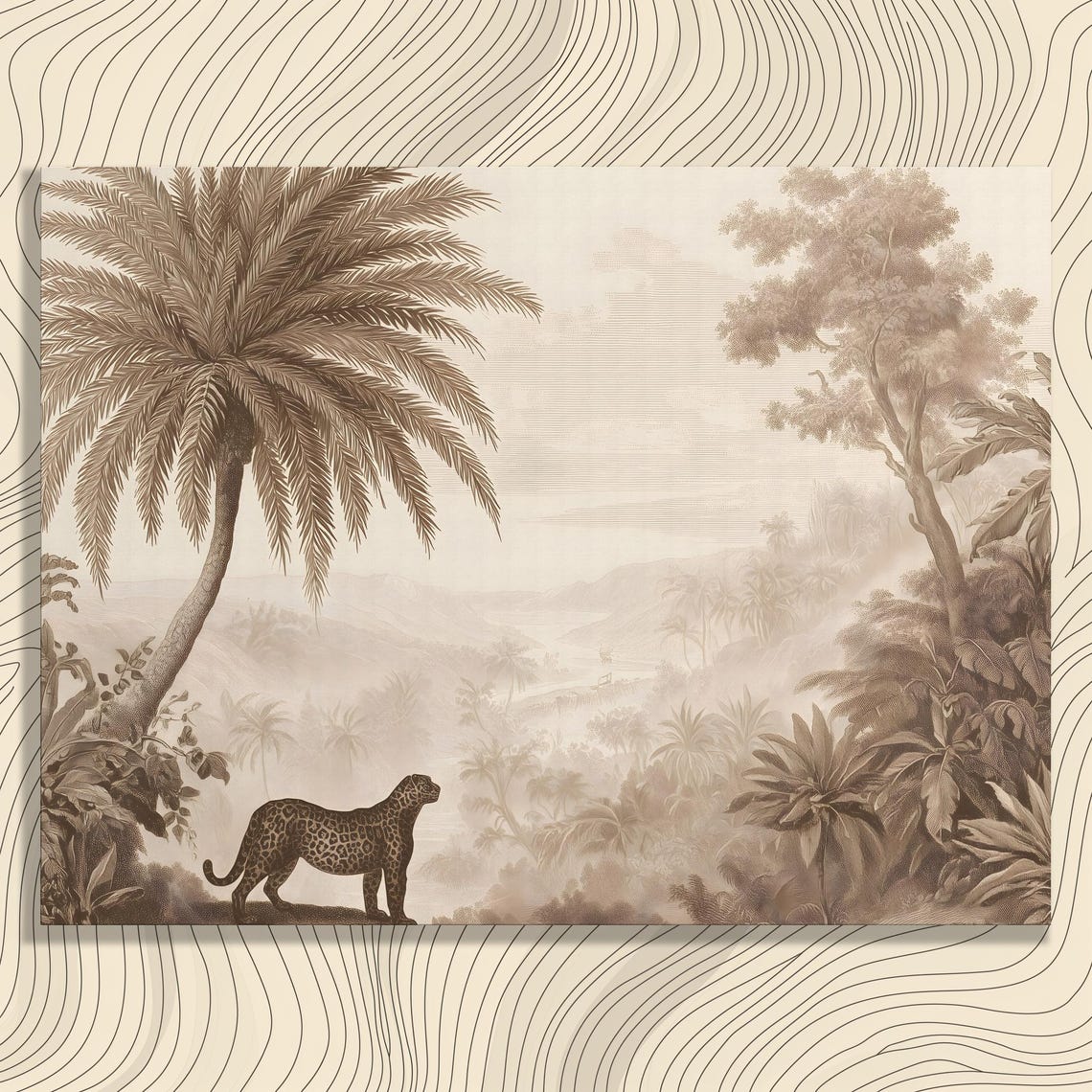 Vintage Sepia Jungle Engraving With Leopard Palm Trees Poster