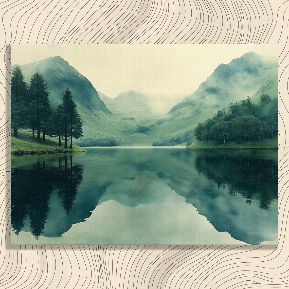 Misty Mountain Lake Reflection Serene Green Landscape Painting Poster