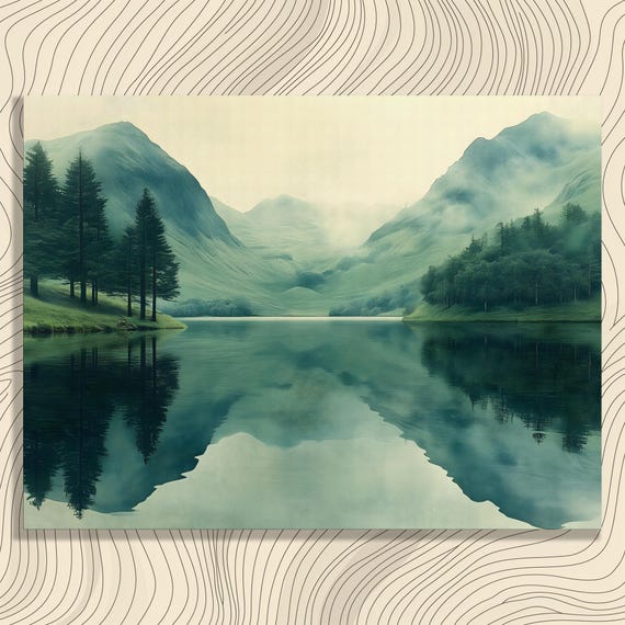 Serene Mountain Lake Canvas Wall Art Minimal Misty Landscape Painting Nature Gift Greenery Tranquil Trees Reflections Print