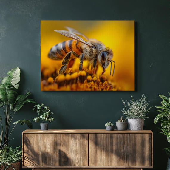 Honey Bee Macro Canvas Wall Art Colorful Nature Photo Print Vibrant Pollinator Flower Garden Wildlife Decor Photography Gift