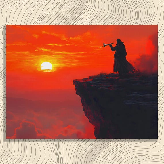 Cavalry Bugler Sunrise Canvas Wall Art Heroic Silhouette On Cliff Edge With Trumpet At Dawn Sky Over Clouds Inspirational Decor