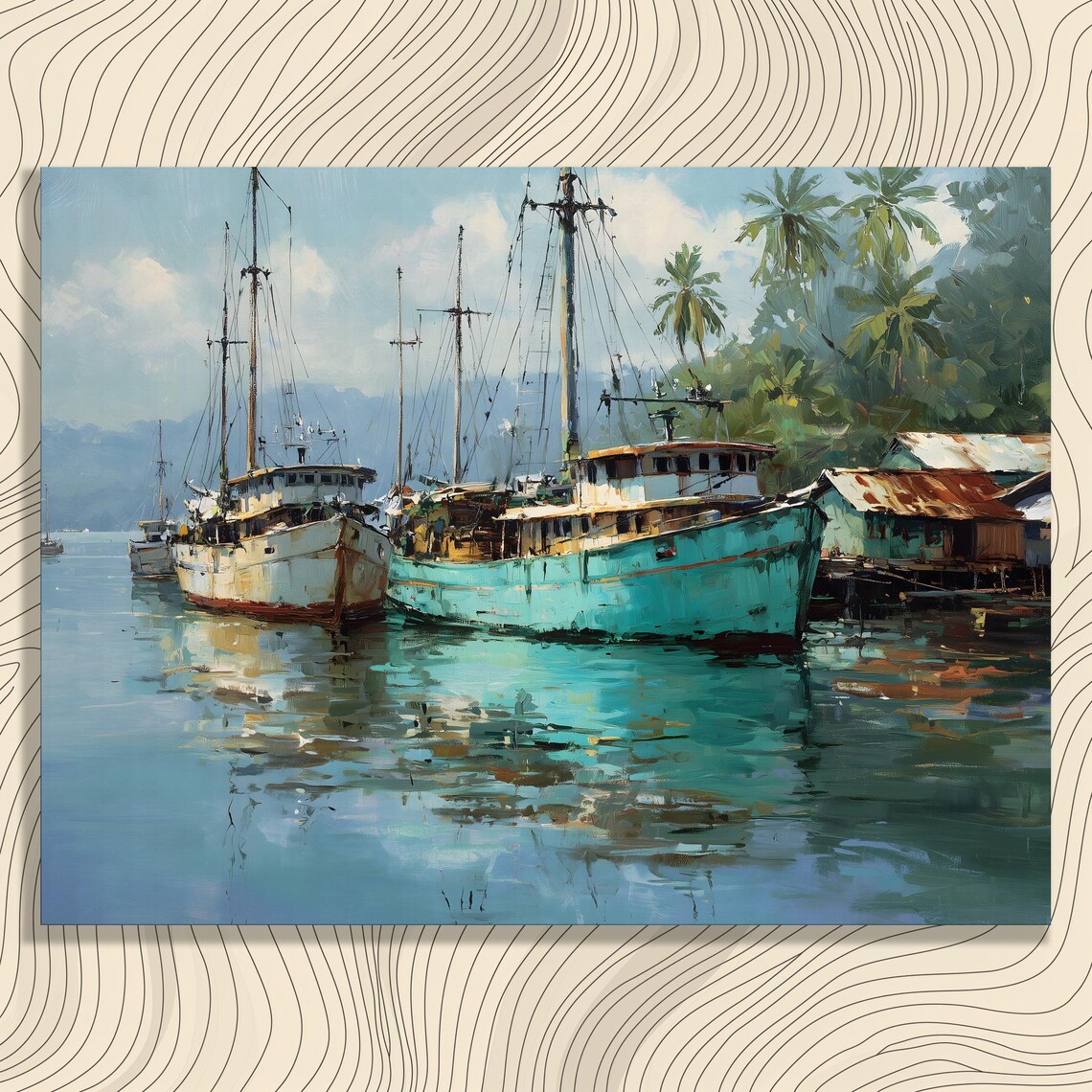 Tropical Harbor Fishing Boats Impressionist Coastal Palm Tree Scene Poster