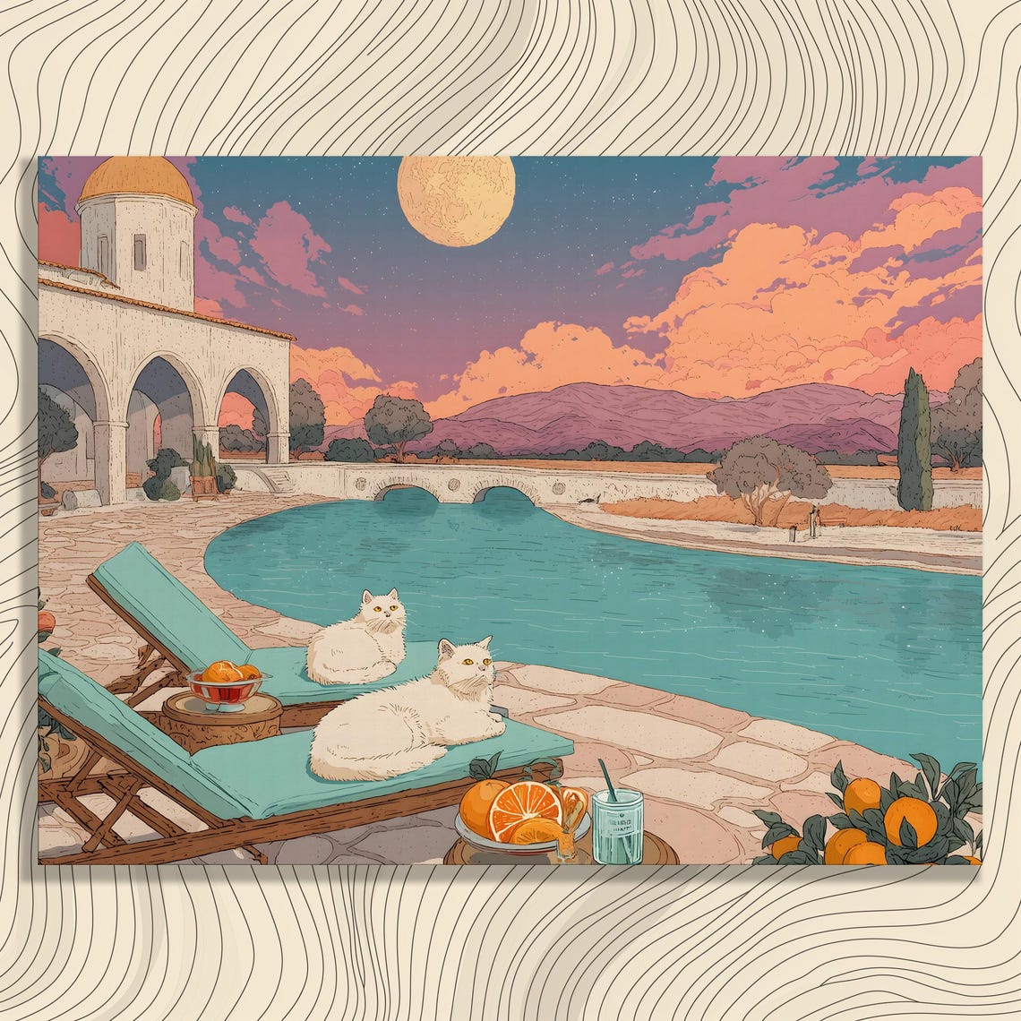Two White Cats Lounging by a Mediterranean Villa Pool at Dusk Poster