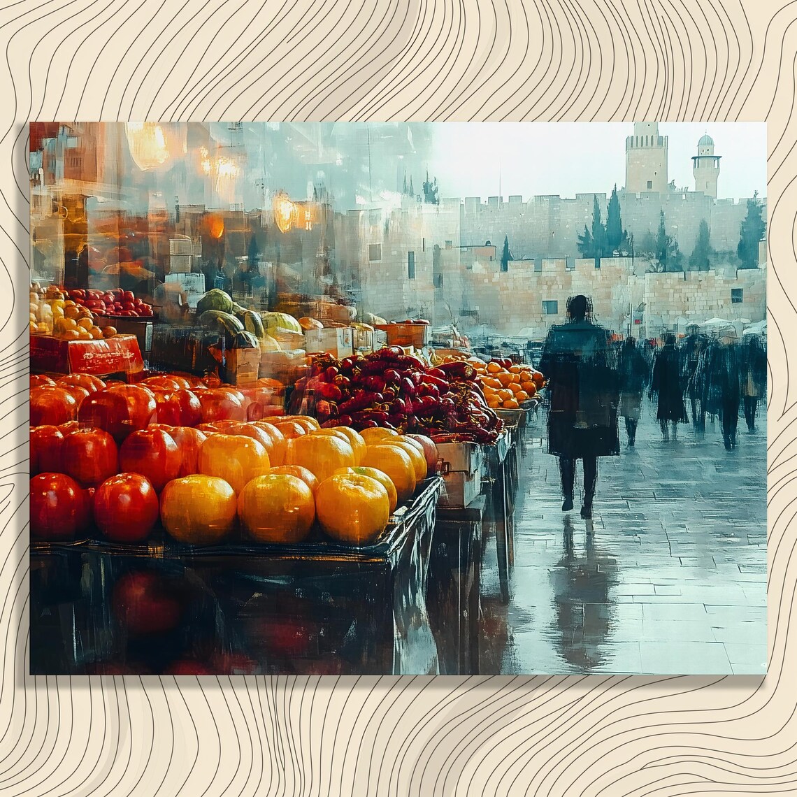Vibrant Old City Market Fresh Produce Rain Impressionist Street Poster