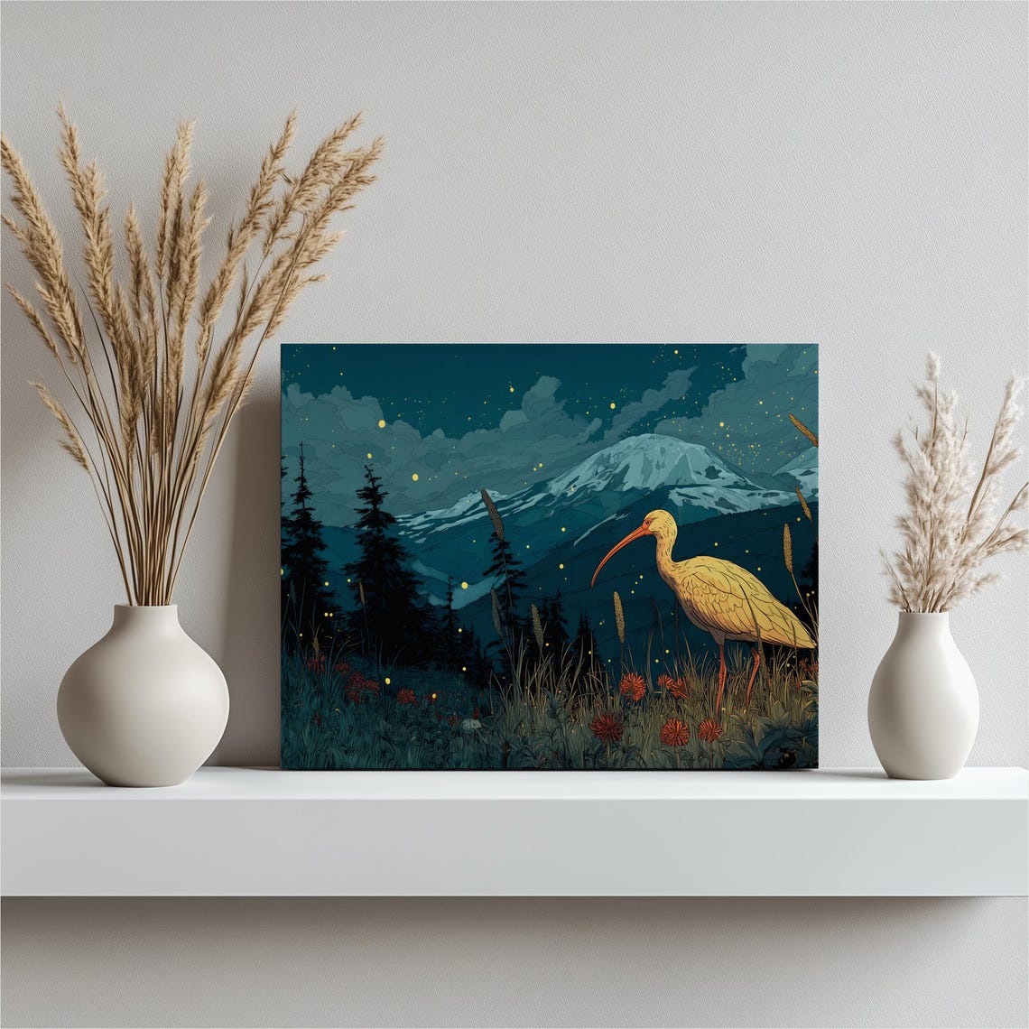 White Ibis Night Mountain Starry Sky Forest Landscape Poster
