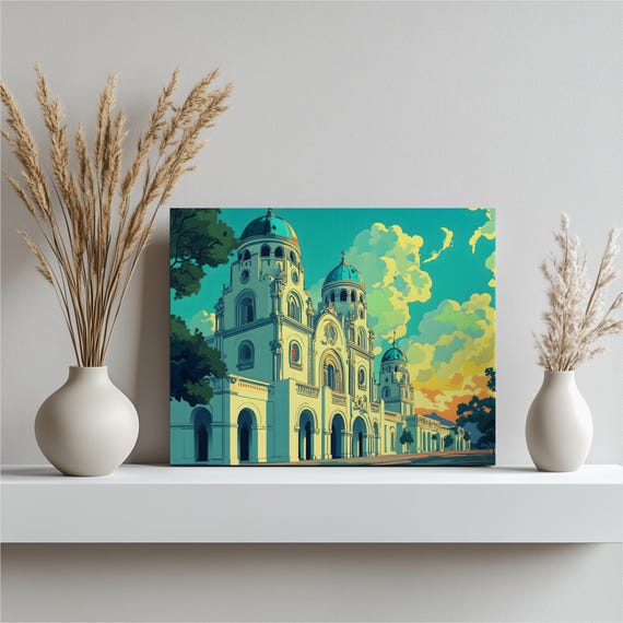Cathedral Sunset Canvas Wall Art Colorful Church Decor Architectural Print Modern Artwork Blue Green Clouds Illustration